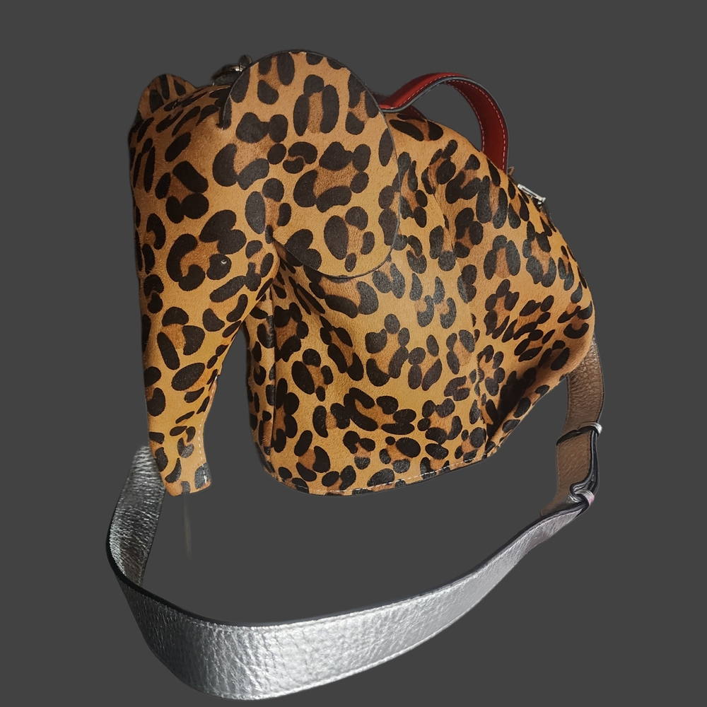 ELEPHANT Leopard Print Crossbody Pony Hair Bag with Red Handles and Silver Strap